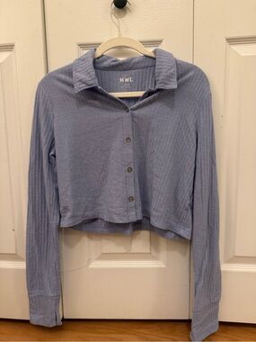 MADEWELL Light Blue Ribbed Button-Up Crop Top